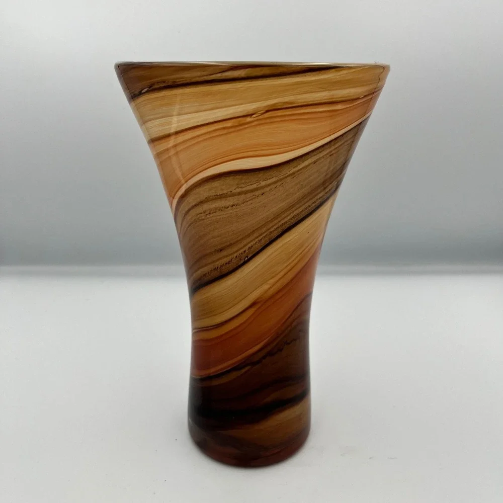 Art Glass Vase Brown Tan Orange Swirl Design‎ Home Decor Centerpiece Gift